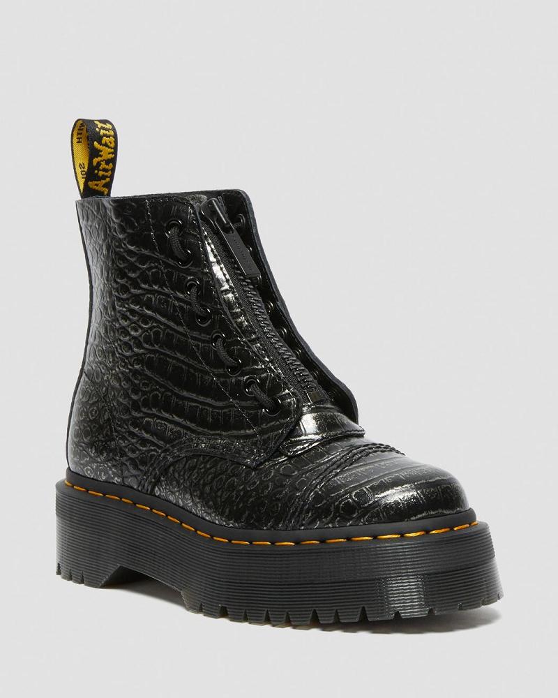 Black Women\'s Dr Martens Sinclair Croc Emboss Leather Platform Boots | CA 252XYU